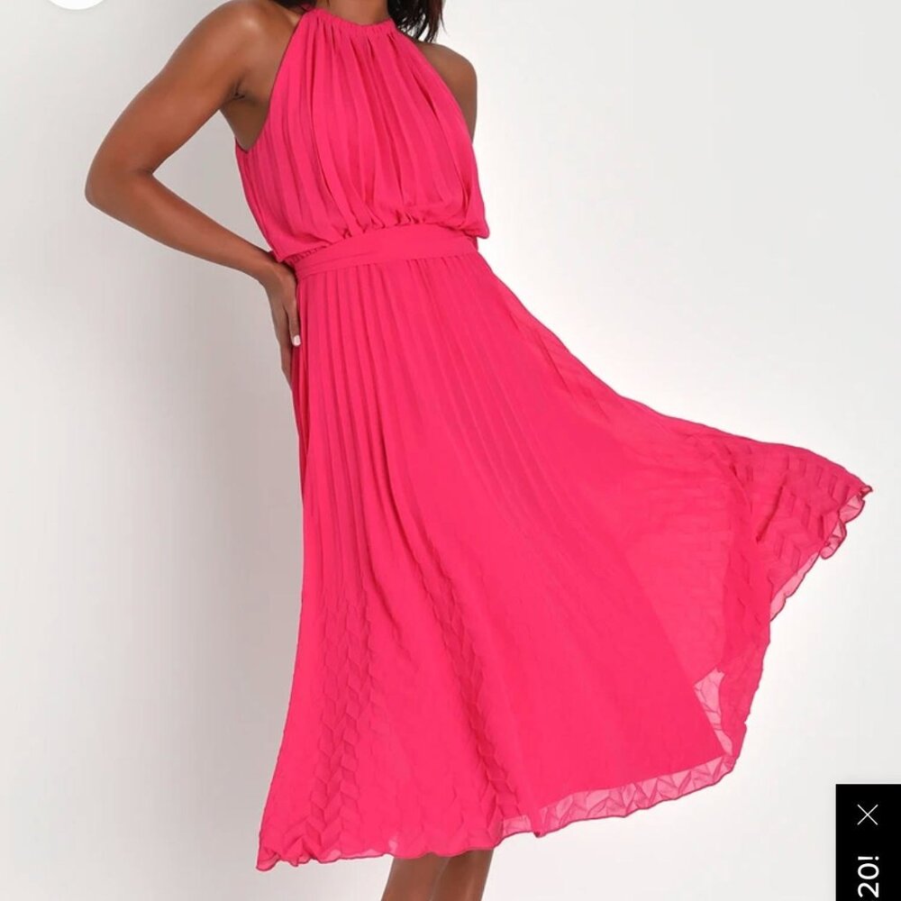Lulu's Gorgeous Day Pink Pleated Halter Midi Dress
